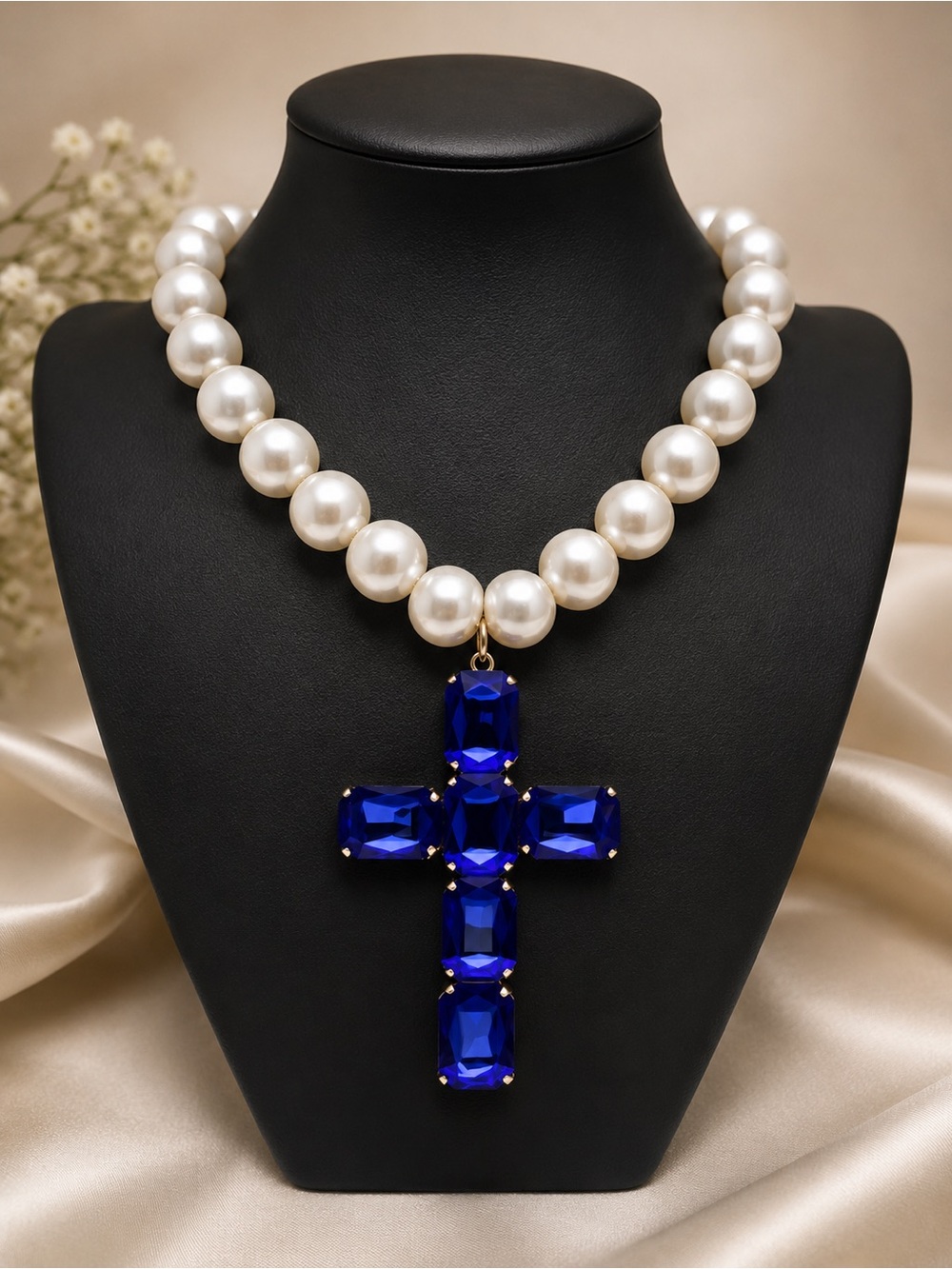 Pearl Necklace with Sapphire Blue Crystal Cross